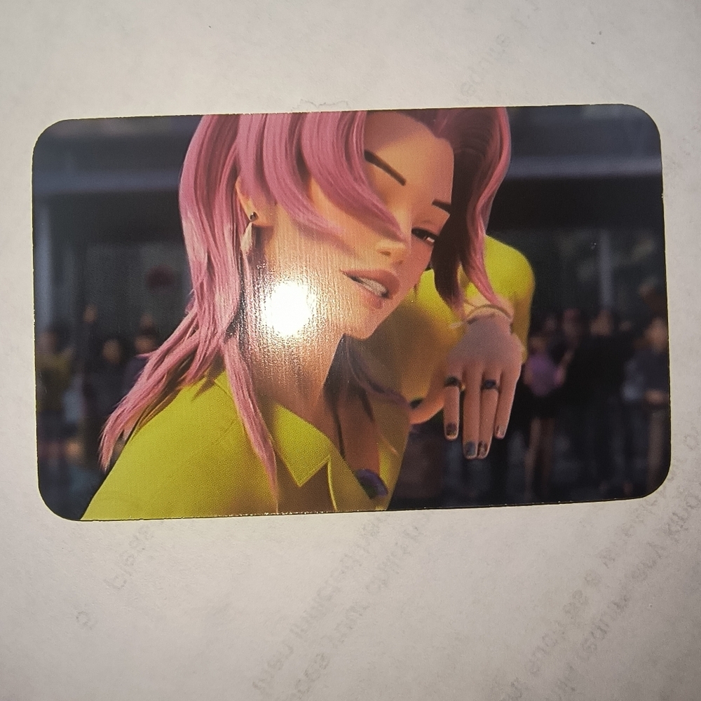 Anime Character Card with Pink-Haired in Yellow Top Kpop Demon Hunters Jinu